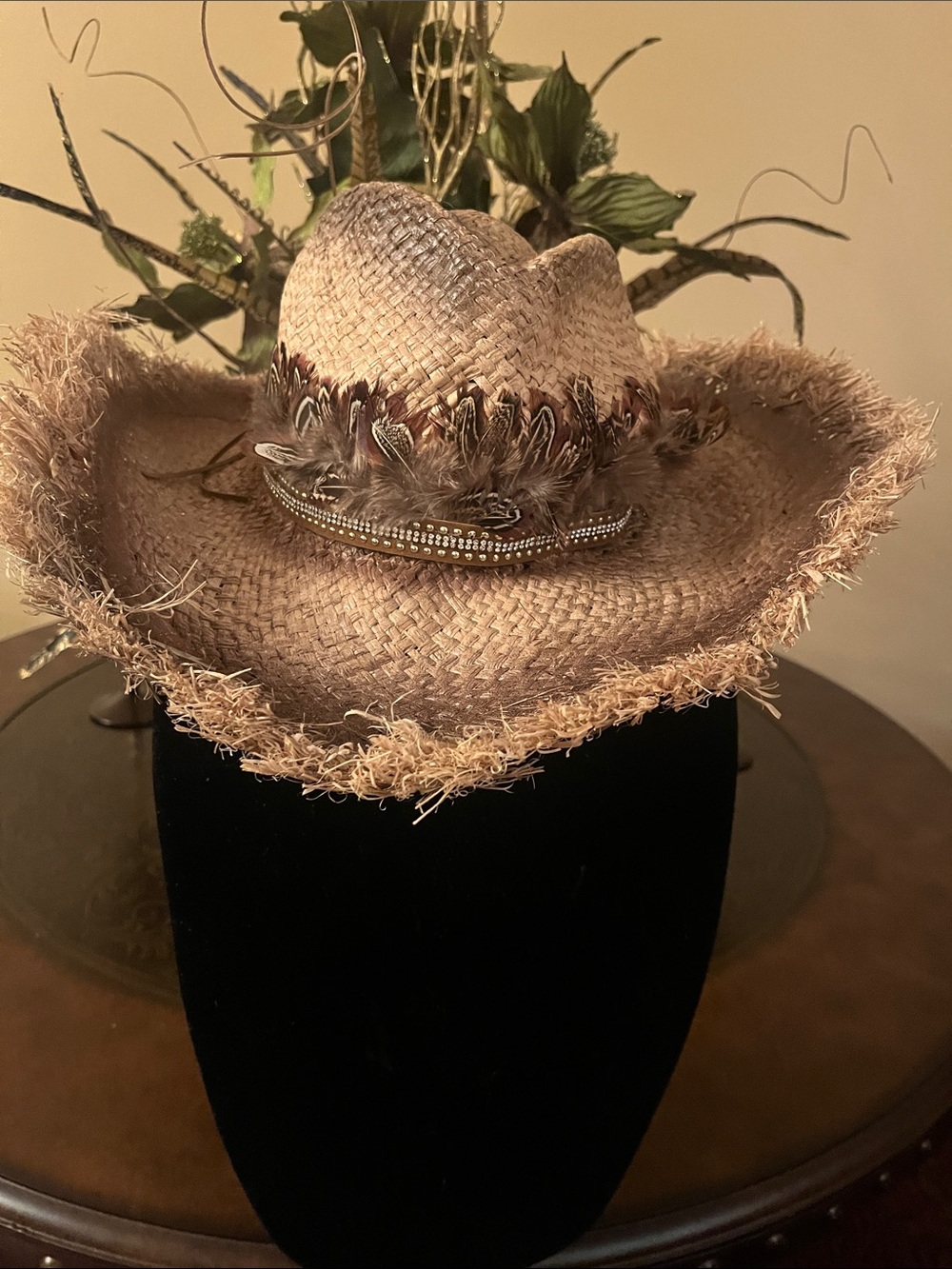 Straw Cowboy Hat with Feather Trim - Tan - Picture 4 of 4